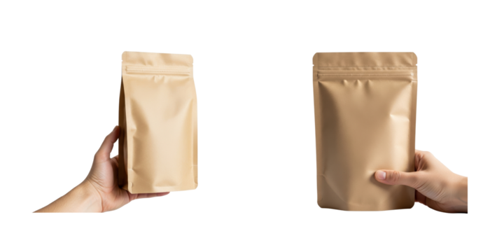 Hands holding a Kraft paper stand-up pouch packaging isolated on a white background
