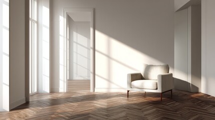 Obraz premium A sun-drenched, minimalist interior space features a light beige armchair placed on a warm brown herringbone hardwood floor.