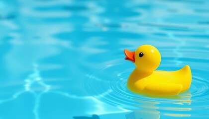 Yellow plastic duck bobbing gently in a blue swimming pool's calm water,  kids,  sunny