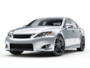 Obraz premium A glossy, silver-toned sedan is showcased against a plain white backdrop, highlighting its sleek design and modern features.