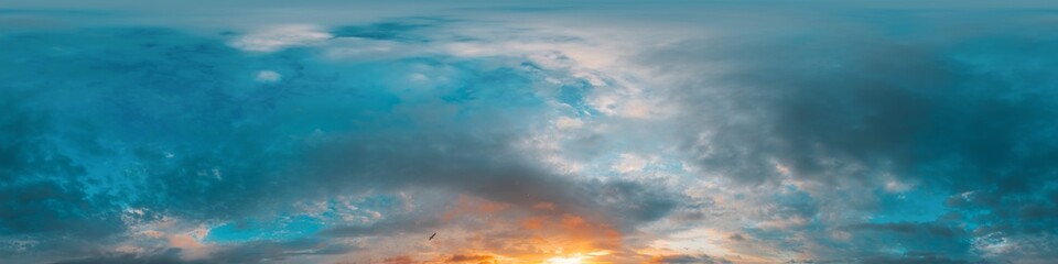 Fototapeta premium Sunset sky panorama with bright glowing pink Cumulus clouds. HDR 360 seamless spherical panorama. Full zenith or sky dome in 3D, sky replacement for aerial drone panoramas. Climate and weather change.