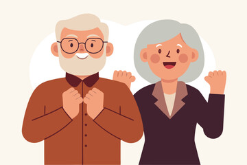 Cheerful Senior Couple Celebrating Victory With Raised Fists, Modern Cartoon Style Illustration