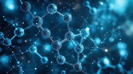 Abstract 3D rendering of molecule structure, glowing blue nodes and connecting lines on dark background