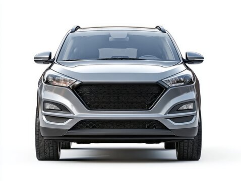 A sleek, modern silver SUV stands out against a plain white background, showcasing its polished exterior and front-facing design.