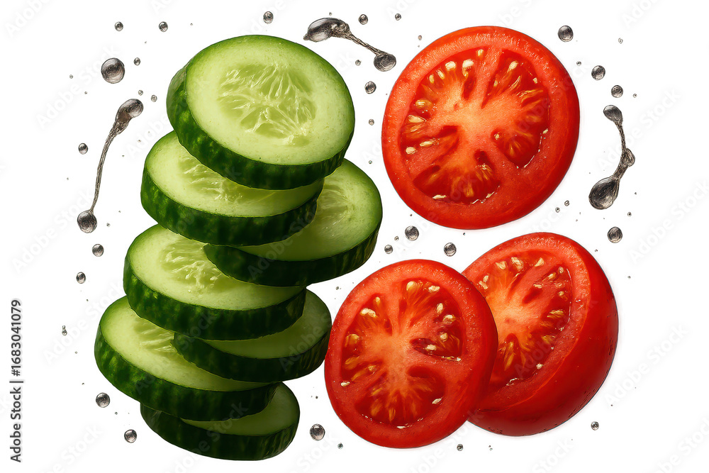 Poster fresh sliced cucumber and tomato with water splashes isolated on transparent background