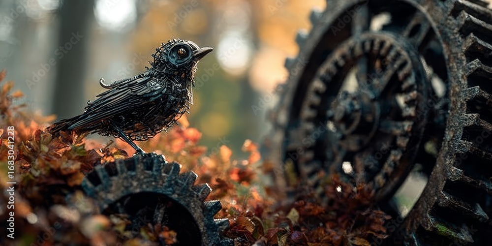Poster steampunk inspired mechanical bird perched on gears in a rustic autumn setting with vintage charm