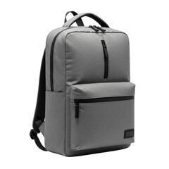 Modern gray backpack with front pocket and zipper isolated on white background
