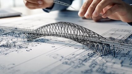 A blueprint of a modern bridge design with a technical drawing overlay, a scene of architectural innovation. - Powered by Adobe