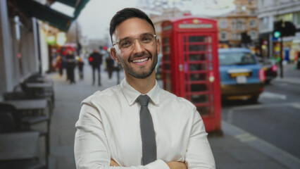 Fototapeta premium Young man with glasses and tie smiling on busy urban street with iconic red telephone booth and blurred pedestrians in the background during daytime.