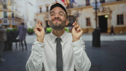Fototapeta premium Young man hoping with crossed fingers and looking skyward in an urban city street setting, embodying anticipation and optimism in a bustling outdoor environment.