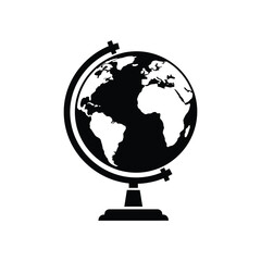 A simple black silhouette icon of a world globe on a stand, representing global concepts, geography, and travel. Vector illustration isolated on a white background