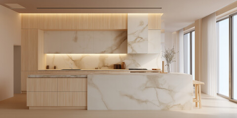 A modern kitchen interior in a warm beige palette, featuring natural wood cabinets and elegant marble countertops. The space is illuminated with soft ambient lighting, complemented by large windows