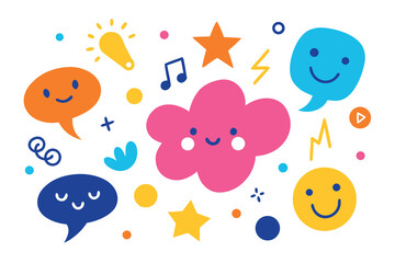 Colorful Illustration with Smiling Speech Bubbles, Stars, and Playful Geometric Shapes