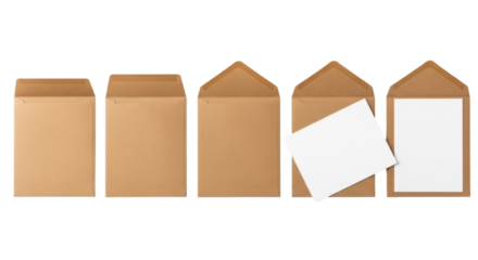 Five identical brown kraft paper envelopes, top-down flat lay on white, demonstrating sequential mail opening and white document extraction. Concept of instruction and organization