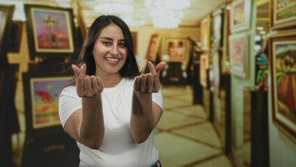 Woman making finger heart gesture with both hands in an art gallery building, smiling at camera and engaging viewer; warm welcoming joy.
