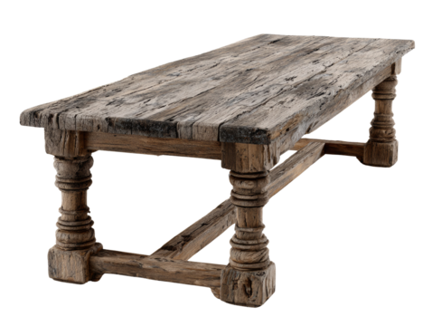 Rustic wooden farmhouse table with distressed finish isolated on transparent ground showcasing - Powered by Adobe