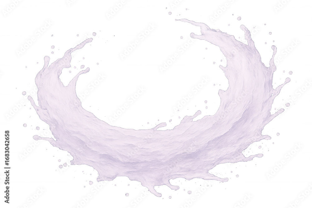 Poster milky liquid splashing, forming circular dynamic pattern, transparent backdrop highlighting fluid mo
