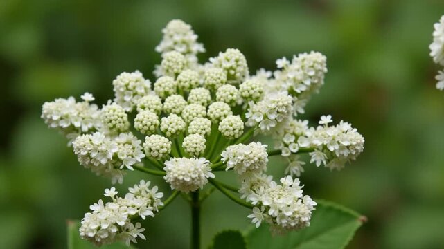 Spiraea - inflorescences with small white flowers of an ornamental shrub in the garden.