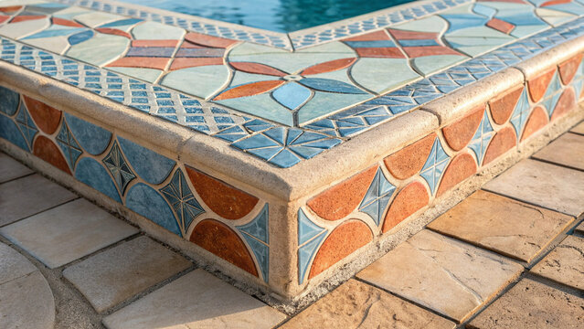 Mediterranean-style pool coping detail:  blue, terracotta, and beige mosaic tile design.