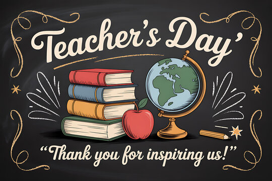 Celebrate inspiring educators this Teacher's Day with a vibrant chalkboard design featuring books, a globe, an apple, and a heartfelt thank you message - Powered by Adobe