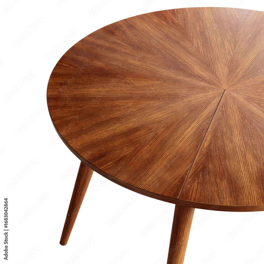 Poster elegant circular wooden table top with a captivating radial pattern and tapered legs