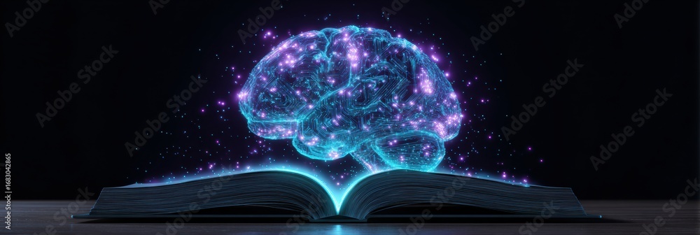 Poster the artwork depicts a luminous brain floating above an open book, symbolizing the connection between