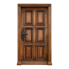 Ornate wooden entrance with intricate paneling stands against a clean separation