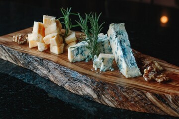 Assorted Cheese Platter On Rustic Wooden Board
