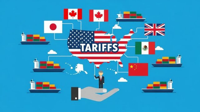 Illustration showing tariffs on usa map with flags and ships on a blue background design graphic