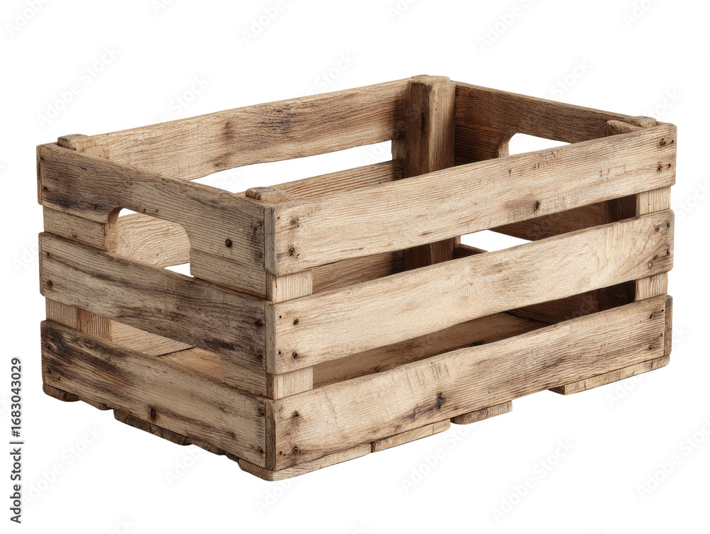 Poster rustic wooden crate on transparent isolation, aged timber container for storage and display,