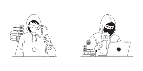 Cyber security hacker with magnifying glass detecting system vulnerabilities and online threats