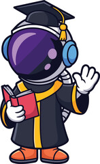 Cartoon astronaut in graduation gown — purple helmet, yellow tassel, red book, orange boots, cheerful wave, academic achievement theme
