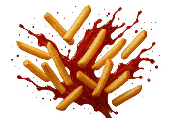 Golden french fries with a red ketchup splash, isolated, no background.