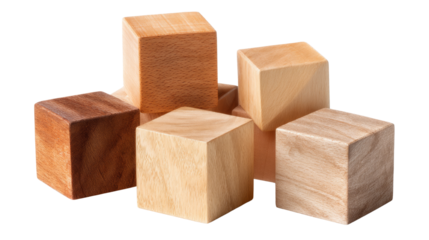 Geometric arrangement of natural wooden cubes showcasing varying textures and shades isolated on