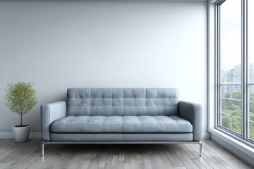 Fototapeta premium A light gray couch sits in a modern room with large windows, showcasing a serene and minimalist interior design.