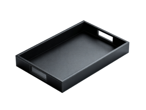 Sophisticated serveware rectangular leather tray with convenient cutout handles isolated