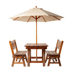 Rustic wooden outdoor cafe table and chairs set with striped umbrella isolated on transparent background