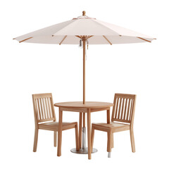 Classic wooden patio dining set with umbrella for outdoor relaxation and entertaining isolated on transparent background