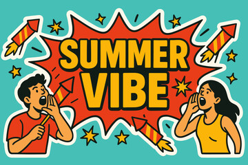 anner flat vector illustration bold oversized text inside outline cartoon characters shouting with rockets bright solid colors high contrast explosion shapes and stars minimal background.