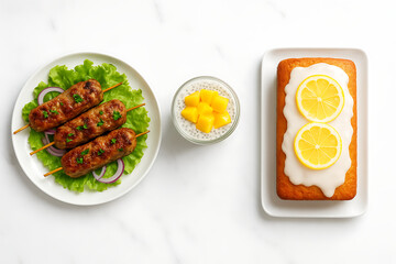 Fresh fruit salad served on a plate and in a glass of mango Shake and Chicken breast 