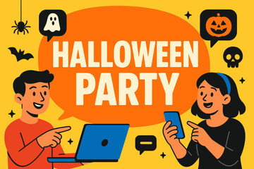 Naklejka premium g banner flat vector illustration bold oversized text inside rounded blob cartoon characters pointing at laptops and smartphones bright solid colors high contrast abstract icons and chat.