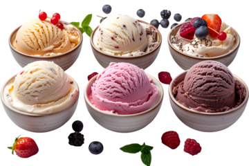 Cream Playful Isolated Transparent Background Collection Ice Bowls Scoops Assorted Flavors Arranged Neatly Branding Social Media Poster Banner Marketing Ecommerce Web Print Copy Space Te SEO Optimized