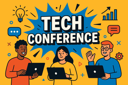Tech Conference banner flat vector illustration bold oversized text inside splash explosion cartoon characters standing with laptops bright solid colors high contrast abstract icons and.