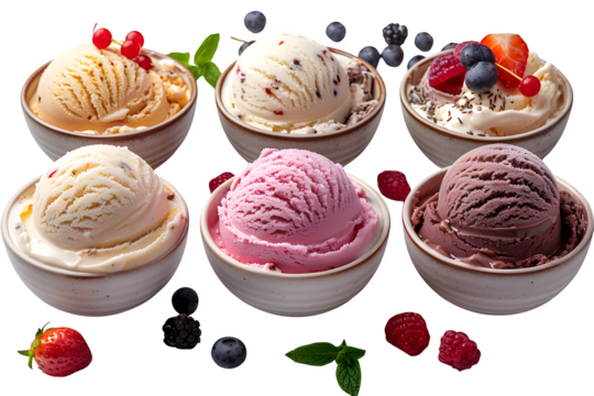 Cream Playful Isolated Transparent Background Collection Ice Bowls Scoops Assorted Flavors Arranged Neatly Branding Social Media Poster Banner Marketing Ecommerce Web Print Copy Space Te SEO Optimized