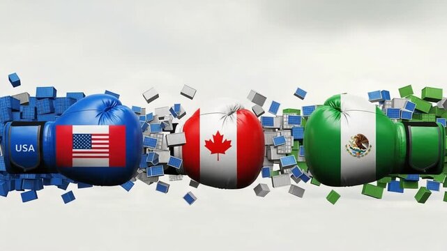 Boxing gloves adorned with usa canada and mexico flags amidst scattered shipping containers render