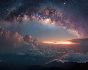 Milky Way over clouds and mountains