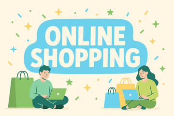 Online Shopping banner flat vector illustration bold oversized text inside outline cartoon characters sitting with laptops and shopping bags pastel trendy palette with #7BC8F6 #2E8B57.
