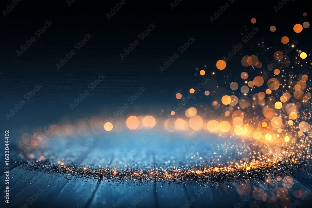 Poster abstract shimmering golden bokeh lights on a dark backdrop creating a magical luxurious atmosphere