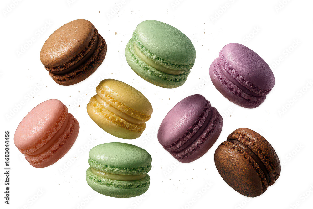 Poster assorted vibrant macarons floating with crumbs, isolated on transparent background.