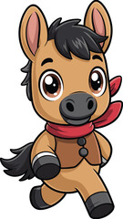 Cartoon horse character walking — black mane, red scarf, brown outfit, cheerful expression, animated pose with expressive eyes and tail